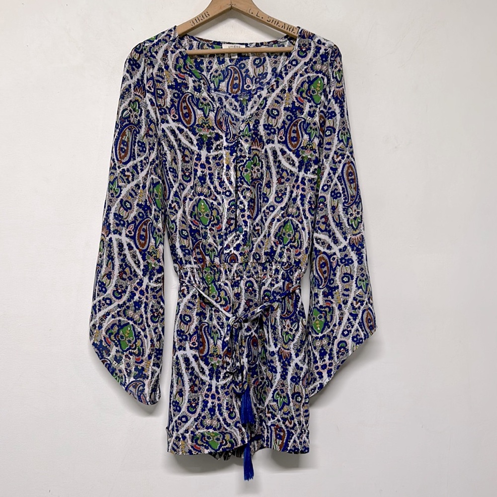 Umgee Floral Paisley One Piece Romper Gypsy Bell Sleeves Tassel Belt